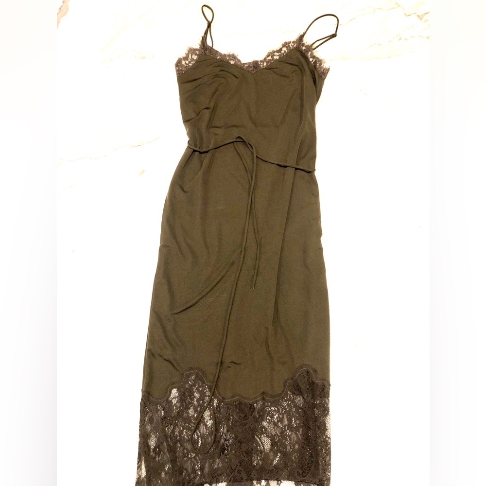 French Connection Olive Green Lace-Trim Midi Dress